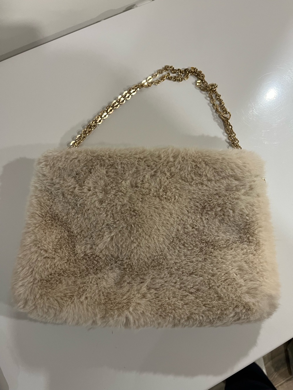 a new day Beige Faux Fur Shoulder Bag with Gold Chain
